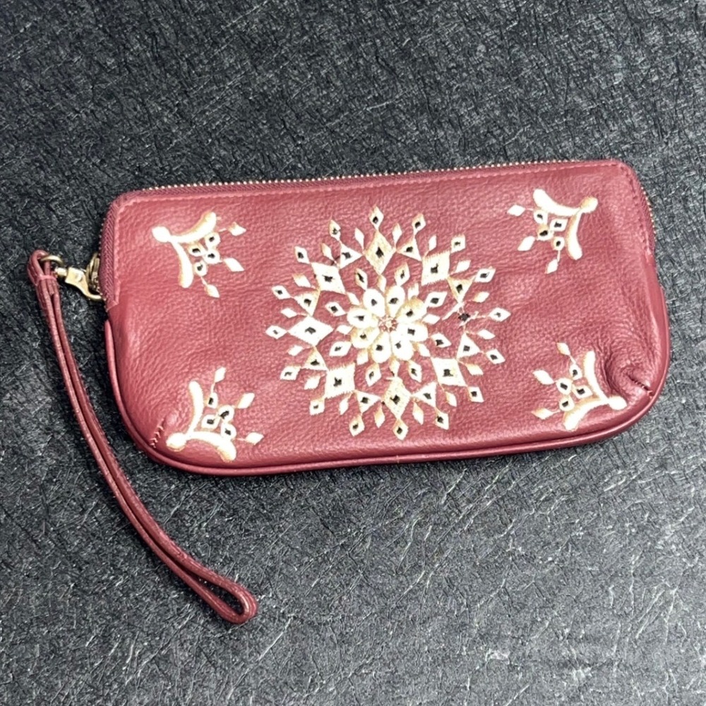 Lucky Brand‎ Embroidered Leather Wristlet Pouch Women OS Burgundy Good Boho